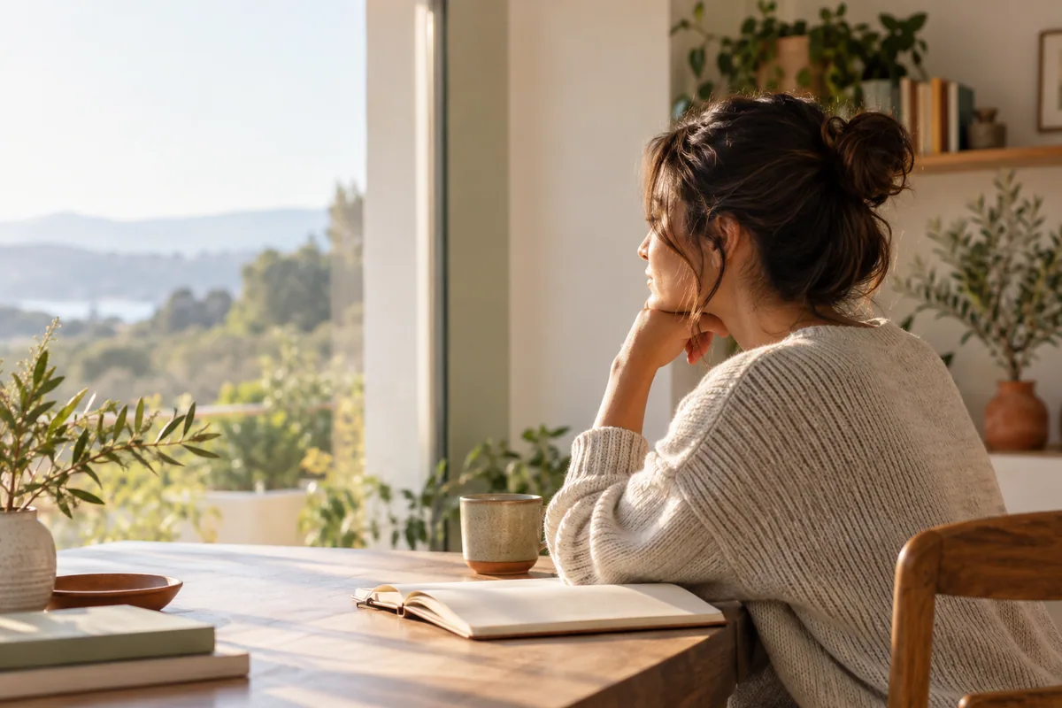 Una persona hace una pausa junto a una ventana luminosa, con un cuaderno sobre la mesa.