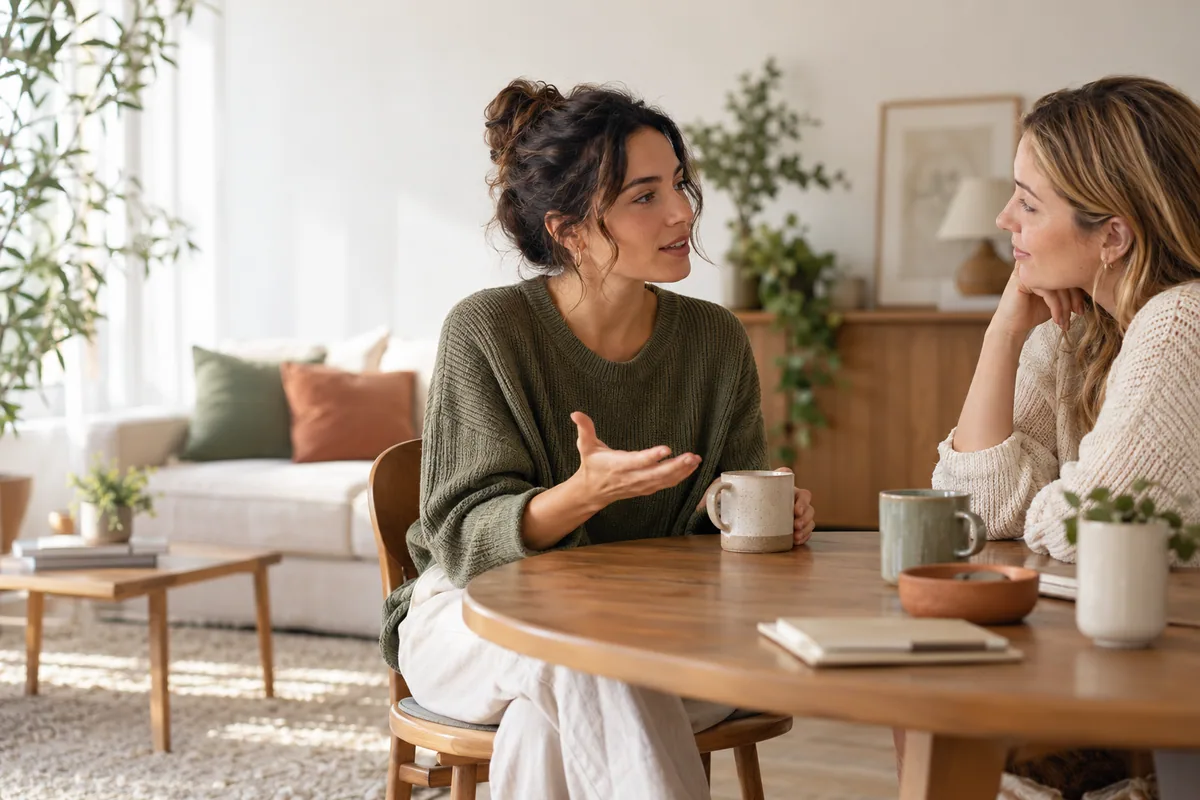 Dos mujeres adultas conversan con calma en un salón luminoso.