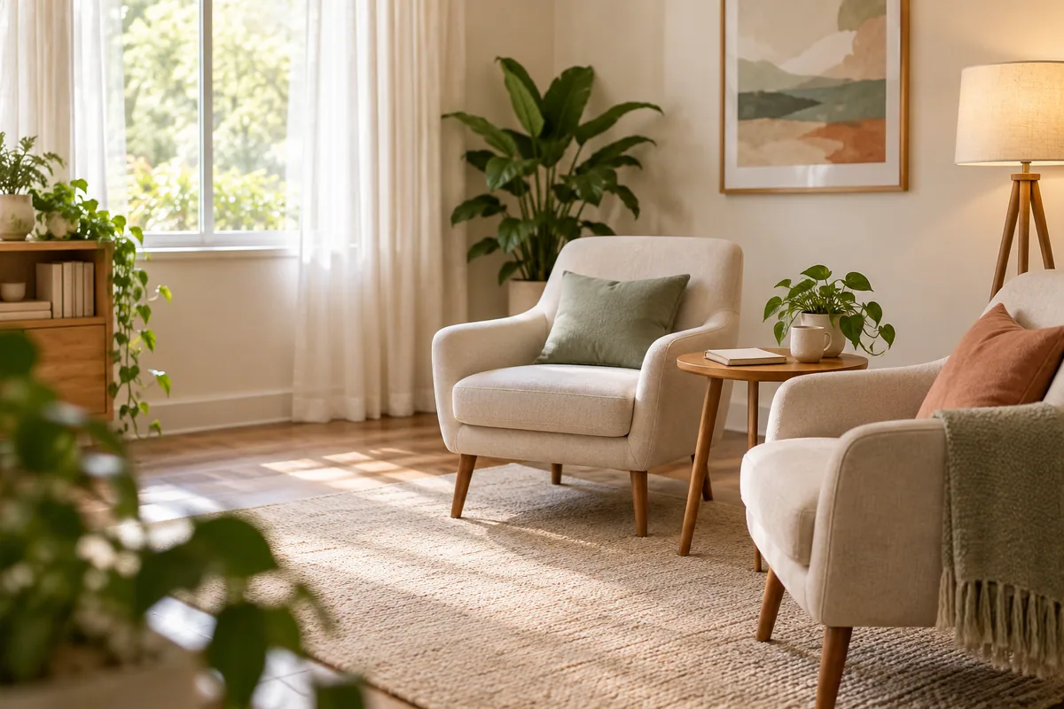 Dos sillones en una consulta psicológica luminosa y acogedora.